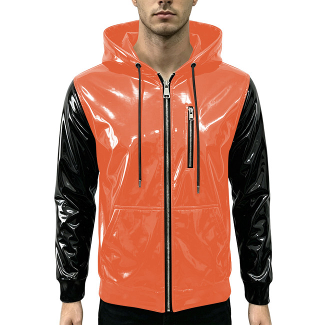 New Fashion Glossy Zipper Cardigan Jackets Mens Long Sleeve Hooded PVC Shiny Leather Jacket Plus Size Streetwear Tops Hoodies