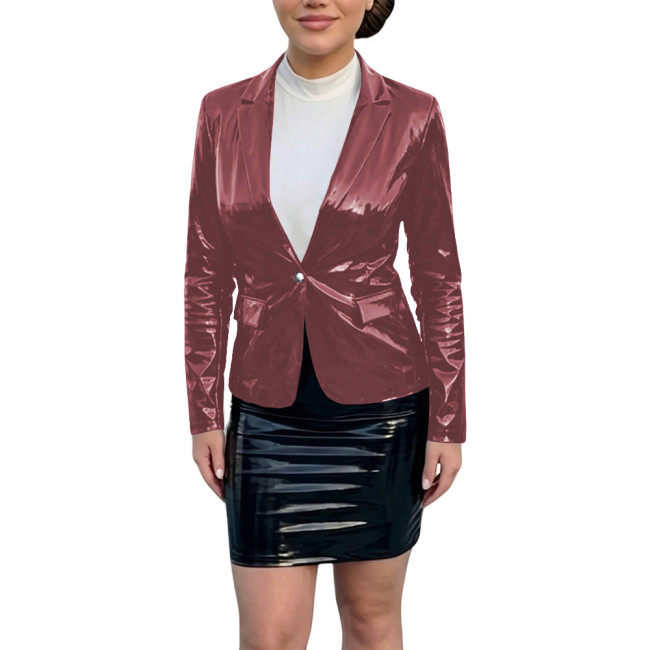 Plus Size Smooth PVC Leather Blazer Coat Womens Vinyl Glossy Slim Single Button Coat Ladies Party Nightclub Jacket Tops Wetlook