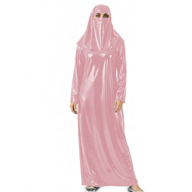Womens Shiny Wet Look Abaya with Head Cover PVC Leather Long Dress Outfit for Halloween Cosplay Events Themed Dress-Up Occasions