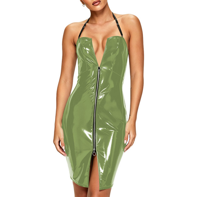 Plus Size Sexy Halter Strap PVC Leather Mini Dress Glossy Backless Bodycon Wetlook Short Dresses Hotties Punk Clubwear Fetish