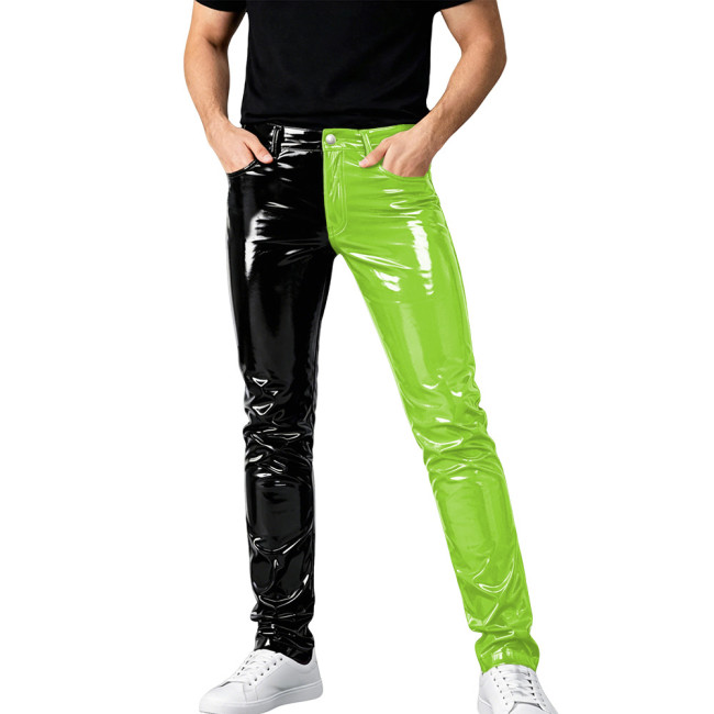 Mens Shinny PVC Leather Pants Color Block Nightclub Slim Pencil Pants Male Glossy Tight Stretch Trousers Wetlook Motorcycle Pant