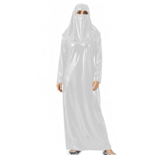 Womens Shiny Wet Look Abaya with Head Cover PVC Leather Long Dress Outfit for Halloween Cosplay Events Themed Dress-Up Occasions