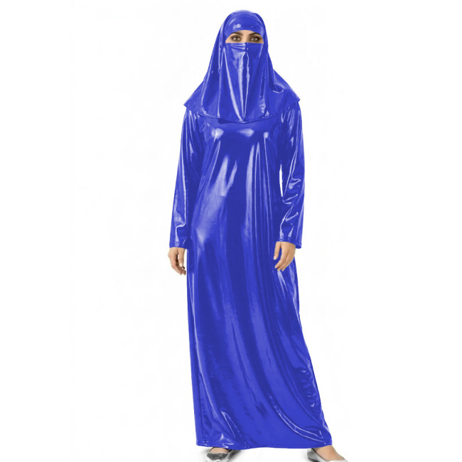 Womens Shiny Wet Look Abaya with Head Cover PVC Leather Long Dress Outfit for Halloween Cosplay Events Themed Dress-Up Occasions