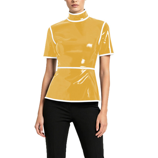 Plus Size Glossy High Neck Womens Blouse PVC Vinyl Leather Short Sleeve Slim Tops Fetish Latex-look Ladies Shirt Cosplay Cotume