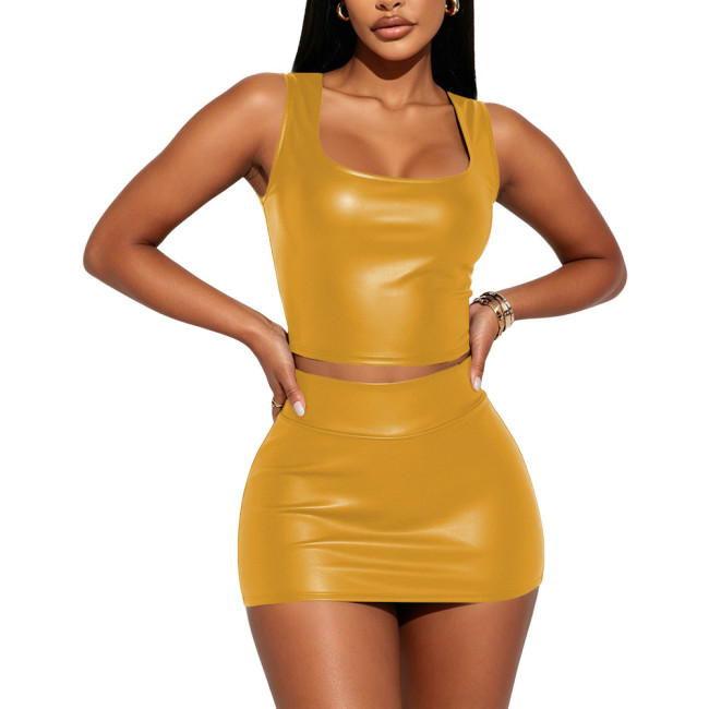 Plus Size Ladies Sexy Crop Vest Tops High Waist Sheath Mini Skirts PU Faux Leather Womens Clubwear 2 Piece Sets Party Costume