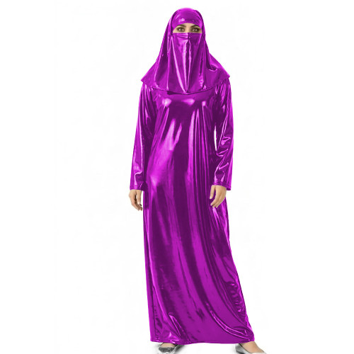 Womens Shiny Wet Look Abaya with Head Cover PVC Leather Long Dress Outfit for Halloween Cosplay Events Themed Dress-Up Occasions