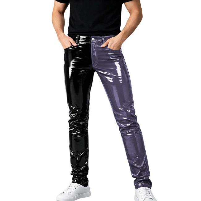 Mens Shinny PVC Leather Pants Color Block Nightclub Slim Pencil Pants Male Glossy Tight Stretch Trousers Wetlook Motorcycle Pant