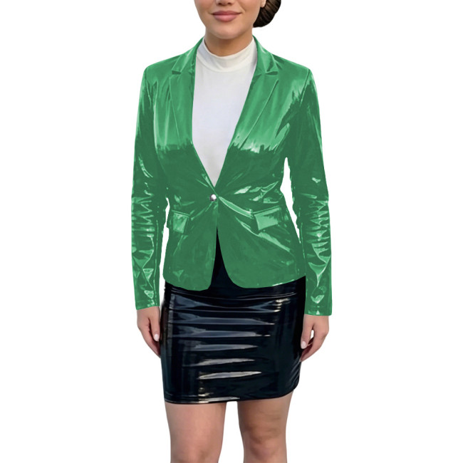 Plus Size Smooth PVC Leather Blazer Coat Womens Vinyl Glossy Slim Single Button Coat Ladies Party Nightclub Jacket Tops Wetlook