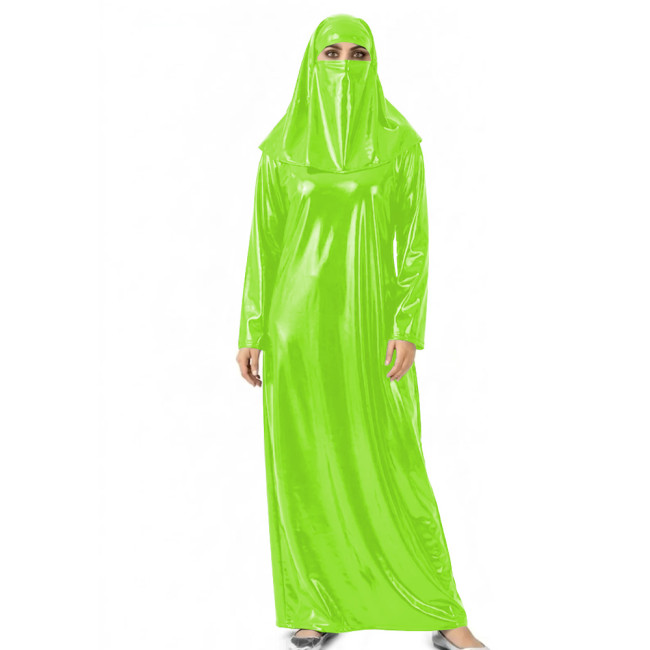 Womens Shiny Wet Look Abaya with Head Cover PVC Leather Long Dress Outfit for Halloween Cosplay Events Themed Dress-Up Occasions