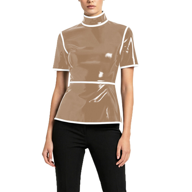 Plus Size Glossy High Neck Womens Blouse PVC Vinyl Leather Short Sleeve Slim Tops Fetish Latex-look Ladies Shirt Cosplay Cotume