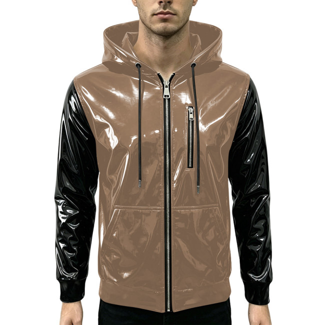 New Fashion Glossy Zipper Cardigan Jackets Mens Long Sleeve Hooded PVC Shiny Leather Jacket Plus Size Streetwear Tops Hoodies