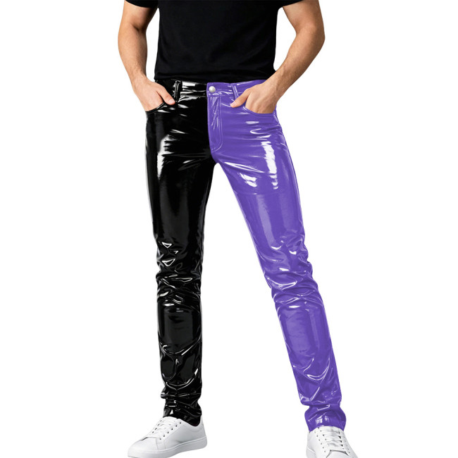 Mens Shinny PVC Leather Pants Color Block Nightclub Slim Pencil Pants Male Glossy Tight Stretch Trousers Wetlook Motorcycle Pant