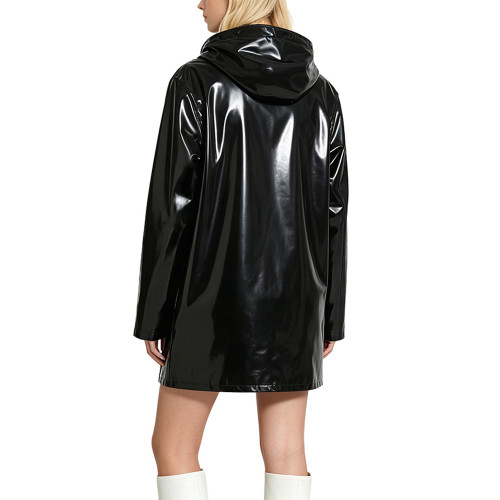 Womens Punk PVC Glossy Leather Trench Coat Gothic Vinyl Patent Leather Single Breasted Hooded Coats Jackets Plus Size Outwear