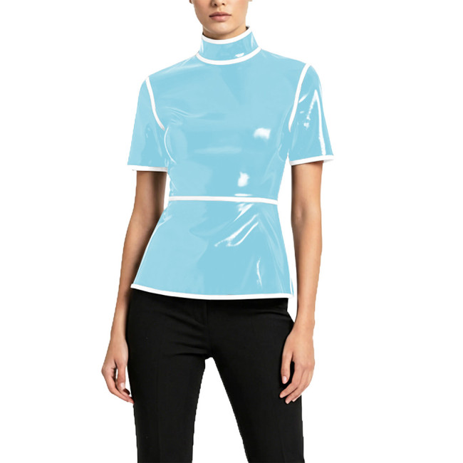 Plus Size Glossy High Neck Womens Blouse PVC Vinyl Leather Short Sleeve Slim Tops Fetish Latex-look Ladies Shirt Cosplay Cotume