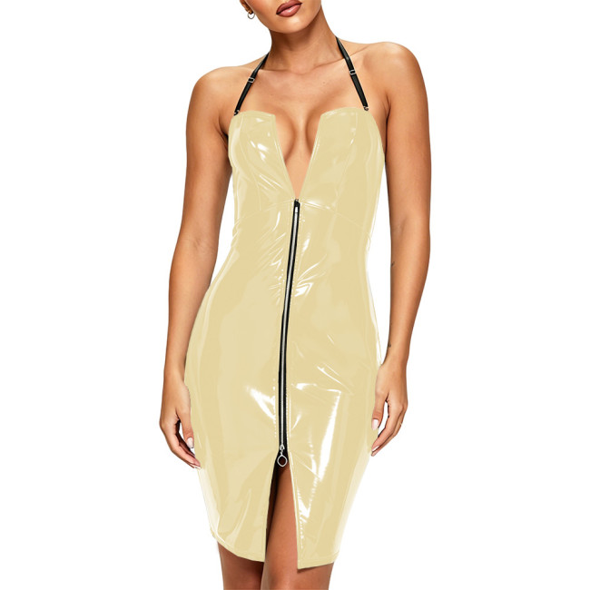Plus Size Sexy Halter Strap PVC Leather Mini Dress Glossy Backless Bodycon Wetlook Short Dresses Hotties Punk Clubwear Fetish