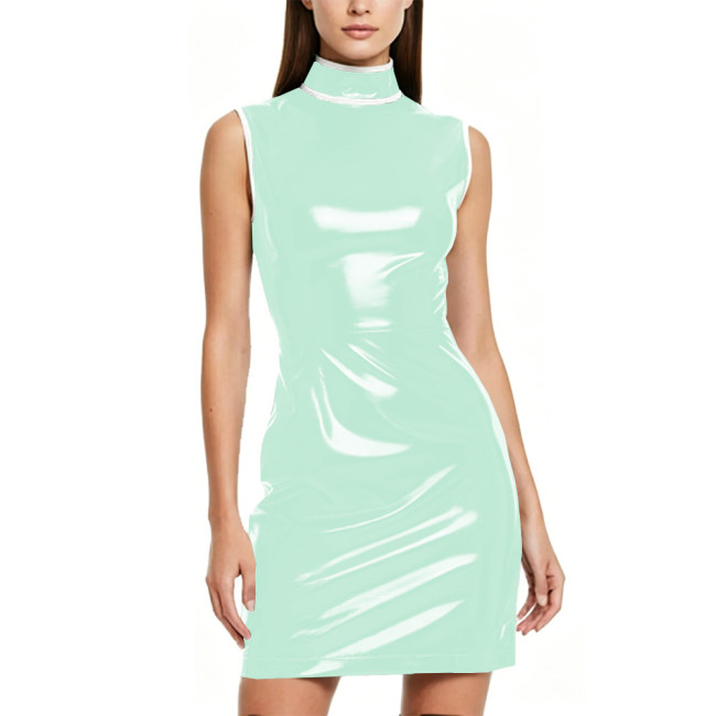 Fashion Turtleneck Glossy Faux Leather Mini Dress Women Stretch PVC Bodycon Tank Dress Full Zipper Sleeveless Dress Clubwear