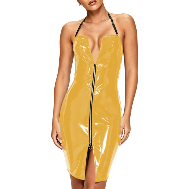 Plus Size Sexy Halter Strap PVC Leather Mini Dress Glossy Backless Bodycon Wetlook Short Dresses Hotties Punk Clubwear Fetish