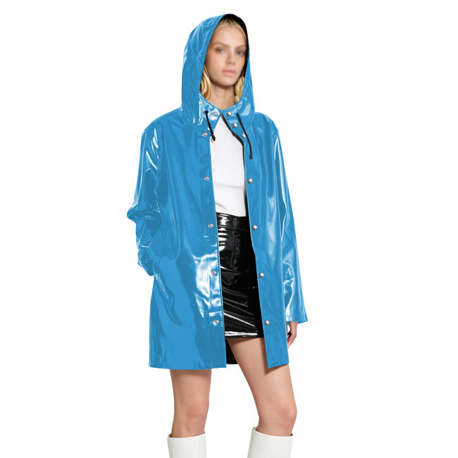 Womens Punk PVC Glossy Leather Trench Coat Gothic Vinyl Patent Leather Single Breasted Hooded Coats Jackets Plus Size Outwear