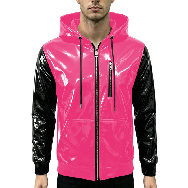 New Fashion Glossy Zipper Cardigan Jackets Mens Long Sleeve Hooded PVC Shiny Leather Jacket Plus Size Streetwear Tops Hoodies
