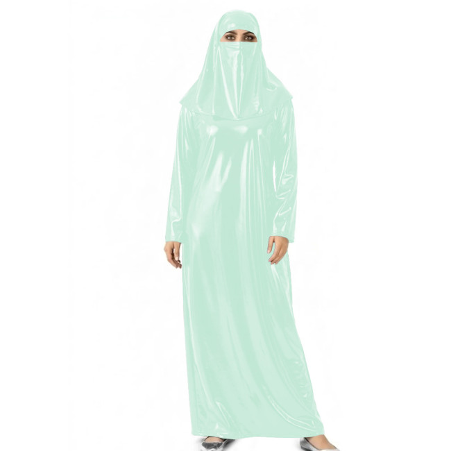 Womens Shiny Wet Look Abaya with Head Cover PVC Leather Long Dress Outfit for Halloween Cosplay Events Themed Dress-Up Occasions