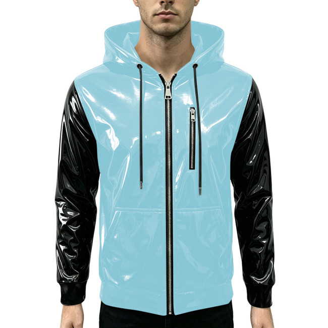 New Fashion Glossy Zipper Cardigan Jackets Mens Long Sleeve Hooded PVC Shiny Leather Jacket Plus Size Streetwear Tops Hoodies