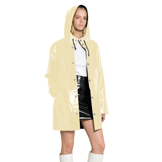 Womens Punk PVC Glossy Leather Trench Coat Gothic Vinyl Patent Leather Single Breasted Hooded Coats Jackets Plus Size Outwear