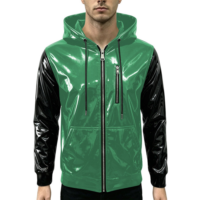 New Fashion Glossy Zipper Cardigan Jackets Mens Long Sleeve Hooded PVC Shiny Leather Jacket Plus Size Streetwear Tops Hoodies