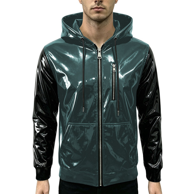 New Fashion Glossy Zipper Cardigan Jackets Mens Long Sleeve Hooded PVC Shiny Leather Jacket Plus Size Streetwear Tops Hoodies