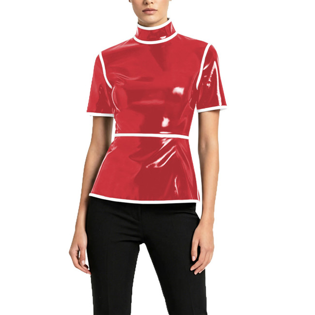Plus Size Glossy High Neck Womens Blouse PVC Vinyl Leather Short Sleeve Slim Tops Fetish Latex-look Ladies Shirt Cosplay Cotume