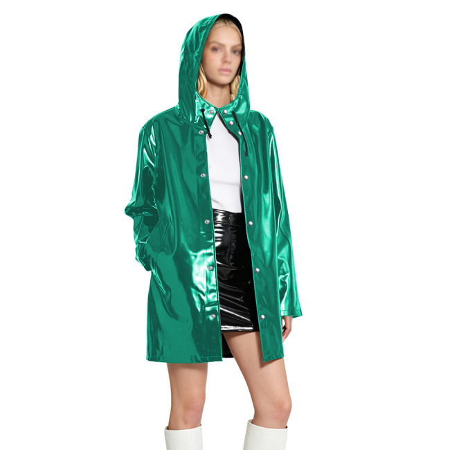 Womens Punk PVC Glossy Leather Trench Coat Gothic Vinyl Patent Leather Single Breasted Hooded Coats Jackets Plus Size Outwear