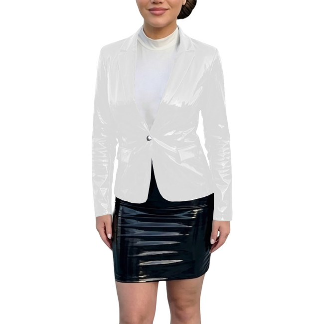 Plus Size Smooth PVC Leather Blazer Coat Womens Vinyl Glossy Slim Single Button Coat Ladies Party Nightclub Jacket Tops Wetlook