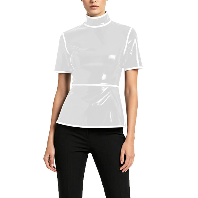 Plus Size Glossy High Neck Womens Blouse PVC Vinyl Leather Short Sleeve Slim Tops Fetish Latex-look Ladies Shirt Cosplay Cotume