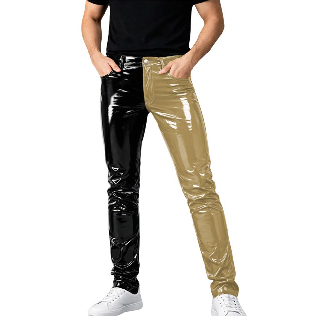 Mens Shinny PVC Leather Pants Color Block Nightclub Slim Pencil Pants Male Glossy Tight Stretch Trousers Wetlook Motorcycle Pant