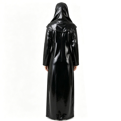 Womens Shiny Wet Look Abaya with Head Cover PVC Leather Long Dress Outfit for Halloween Cosplay Events Themed Dress-Up Occasions