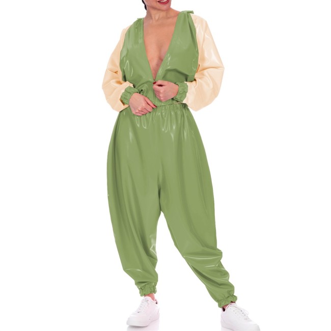 Plus Size Loose Batwing Jacket with Pants Wetlook Club Party Outfit Vinyl PVC Leather Patchwork Tops High Waist Harem Pants Sets