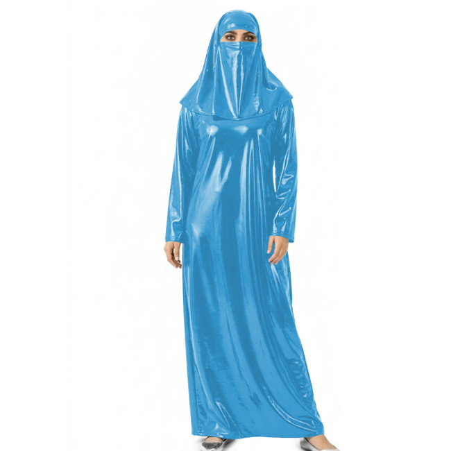 Womens Shiny Wet Look Abaya with Head Cover PVC Leather Long Dress Outfit for Halloween Cosplay Events Themed Dress-Up Occasions