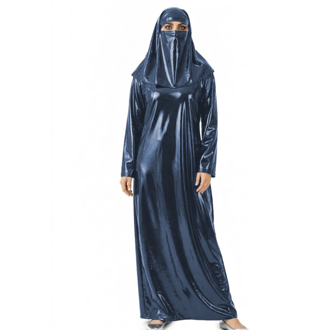 Womens Shiny Wet Look Abaya with Head Cover PVC Leather Long Dress Outfit for Halloween Cosplay Events Themed Dress-Up Occasions