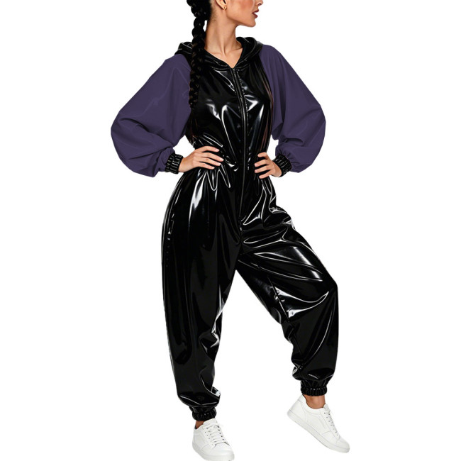 Plus Size Vinyl Women's Hooded Jumpsuit Party Glossy Batwing Sleeves PVC Leather Rompers Fetish Club Loose Patchwork Jumpsuit