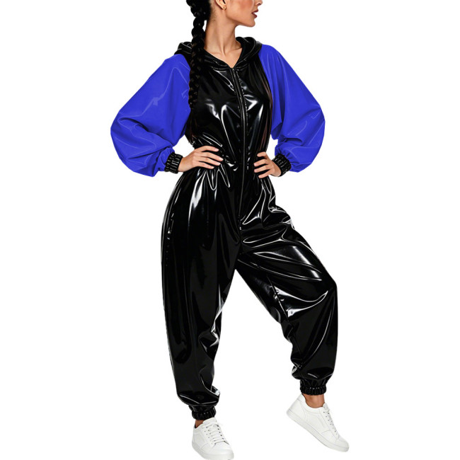 Plus Size Vinyl Women's Hooded Jumpsuit Party Glossy Batwing Sleeves PVC Leather Rompers Fetish Club Loose Patchwork Jumpsuit
