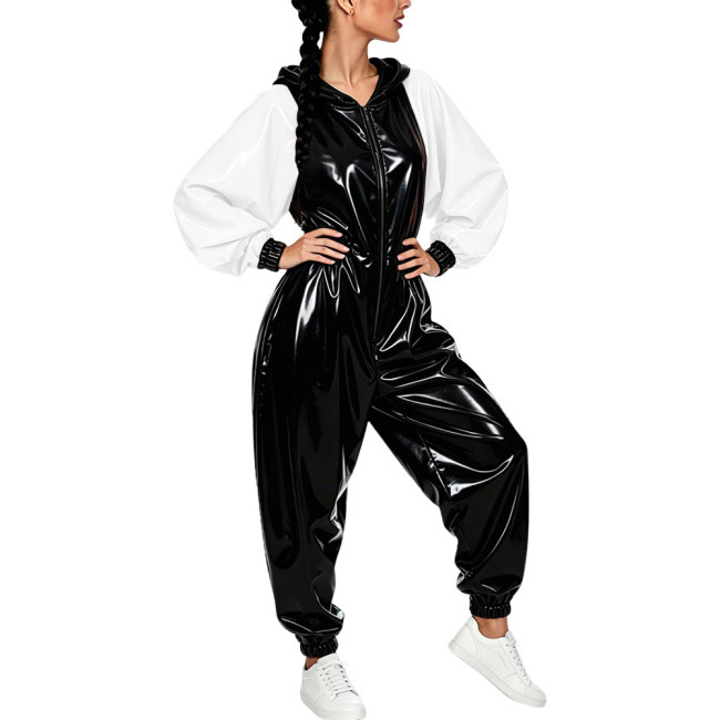 Plus Size Vinyl Women's Hooded Jumpsuit Party Glossy Batwing Sleeves PVC Leather Rompers Fetish Club Loose Patchwork Jumpsuit