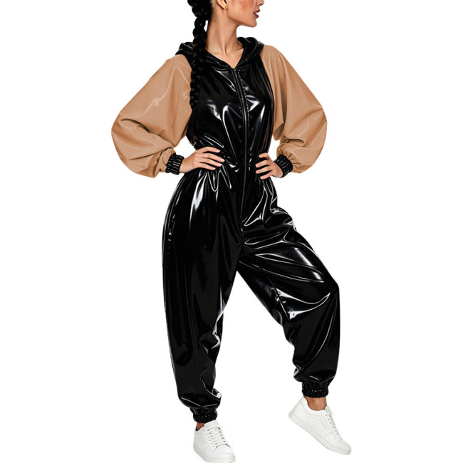 Plus Size Vinyl Women's Hooded Jumpsuit Party Glossy Batwing Sleeves PVC Leather Rompers Fetish Club Loose Patchwork Jumpsuit