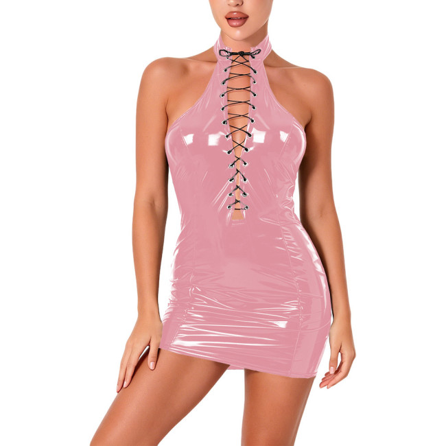 Plus Size Sleeveless Wet Look PVC Tight Dress Lace Up Bandage Shiny PU Leather Mini Dress Sexy Halter Backless Clubwear Sundress