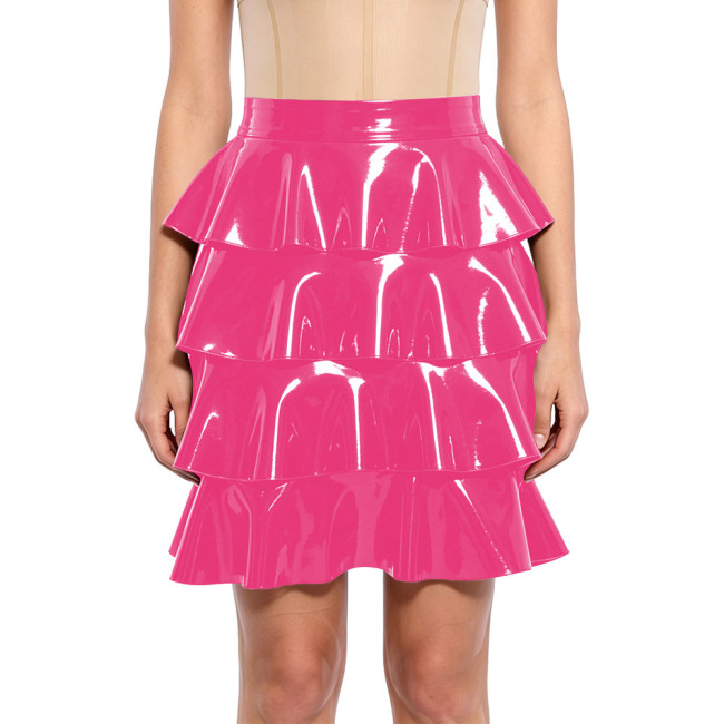 Plus Size PVC Vinyl Leather Tiered Mini Skirt High Waist Shiny Ruffle Hem Party Skirts Sissy Pleated Cake Skirt Carnival Outfits