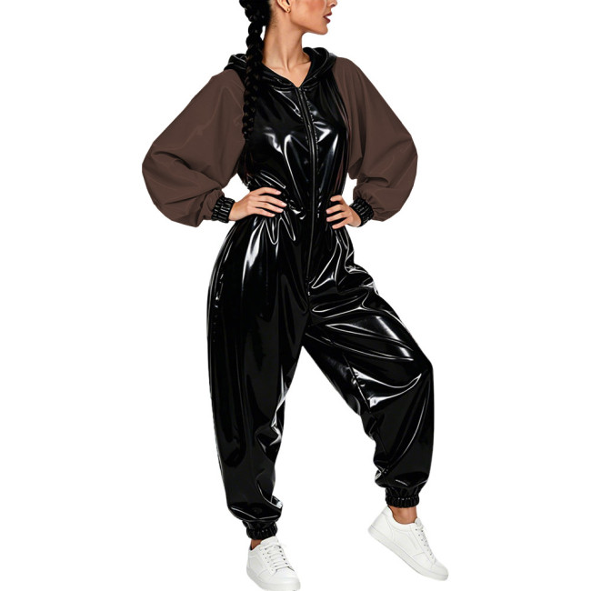Plus Size Vinyl Women's Hooded Jumpsuit Party Glossy Batwing Sleeves PVC Leather Rompers Fetish Club Loose Patchwork Jumpsuit