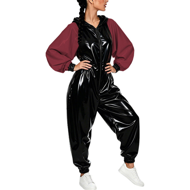 Plus Size Vinyl Women's Hooded Jumpsuit Party Glossy Batwing Sleeves PVC Leather Rompers Fetish Club Loose Patchwork Jumpsuit