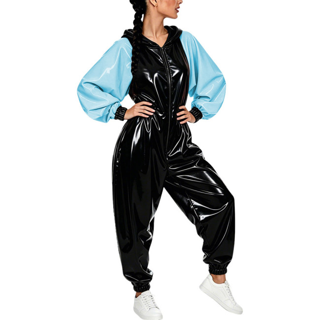 Plus Size Vinyl Women's Hooded Jumpsuit Party Glossy Batwing Sleeves PVC Leather Rompers Fetish Club Loose Patchwork Jumpsuit