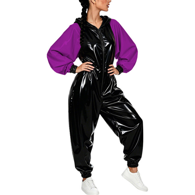 Plus Size Vinyl Women's Hooded Jumpsuit Party Glossy Batwing Sleeves PVC Leather Rompers Fetish Club Loose Patchwork Jumpsuit