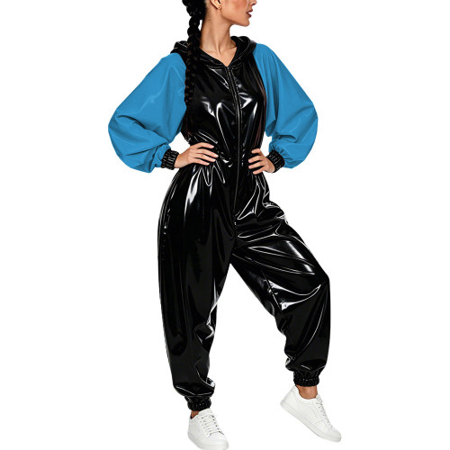 Plus Size Vinyl Women's Hooded Jumpsuit Party Glossy Batwing Sleeves PVC Leather Rompers Fetish Club Loose Patchwork Jumpsuit