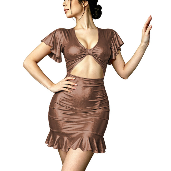 Shiny Metallic Hollow Bodycon Mini Dresses Plus Size Sexy Women Short Sleeve Mermaid Dress Club Party Evening Tight Gown Vestido