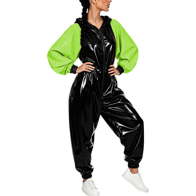 Plus Size Vinyl Women's Hooded Jumpsuit Party Glossy Batwing Sleeves PVC Leather Rompers Fetish Club Loose Patchwork Jumpsuit